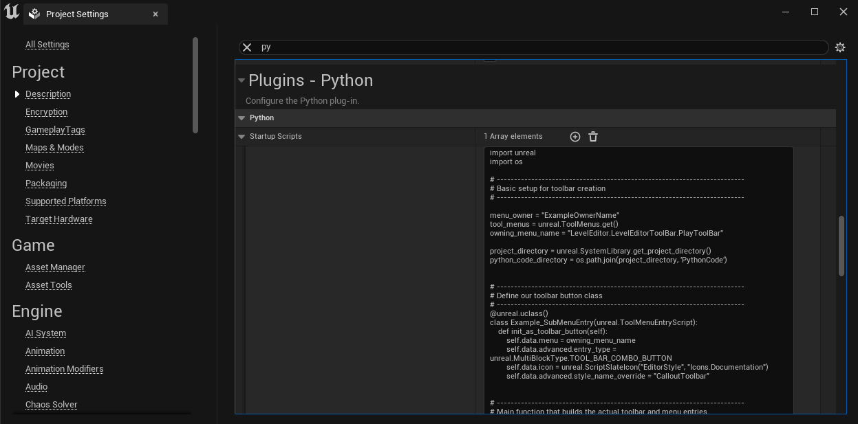 Project Settings 中的 Python 启动脚本